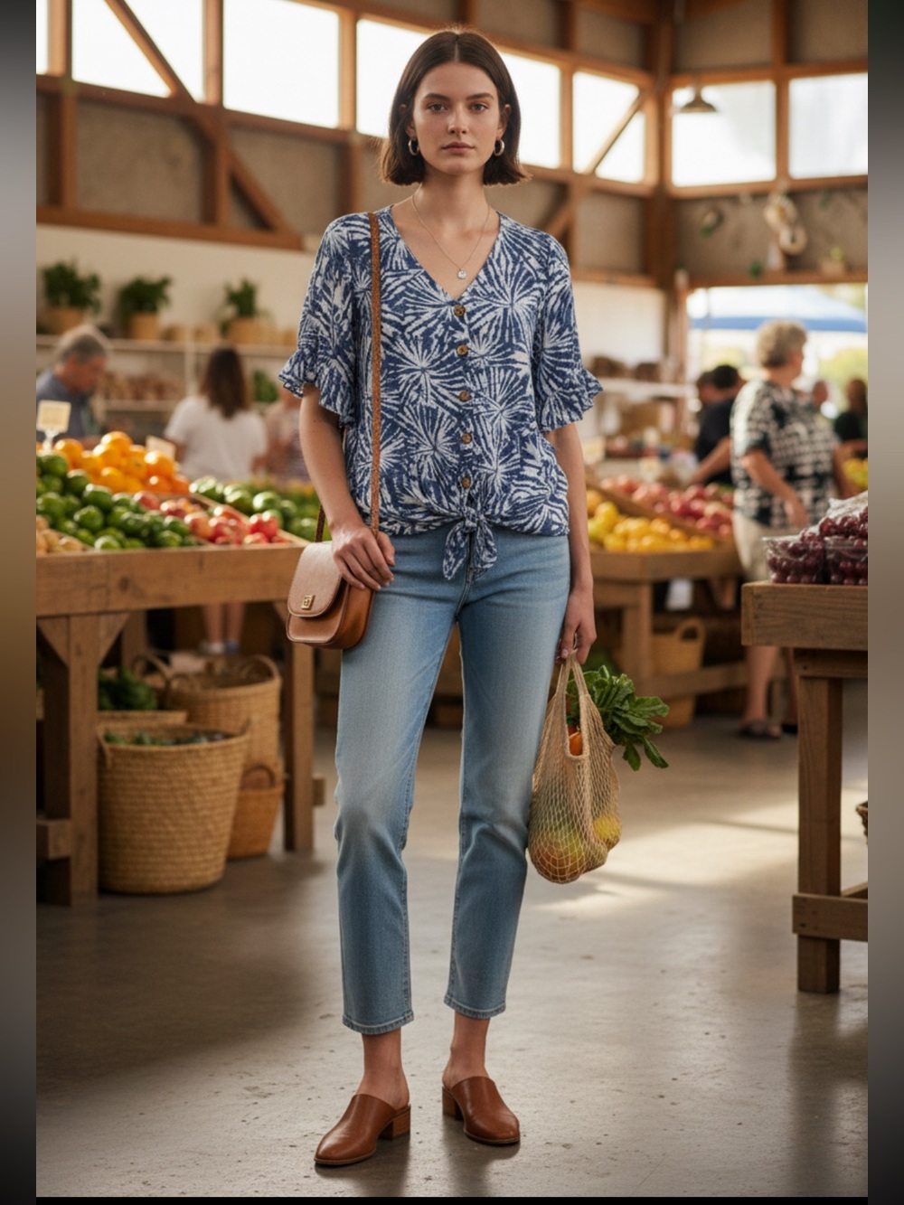 Alyx Blue Tie-Dye Front Button-Front Blouse with wooden buttons retail $54